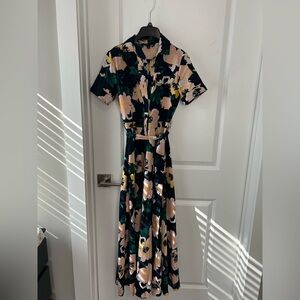 Banana Republic Navy Floral Maxi Shirt Dress with Pink & Green Accents